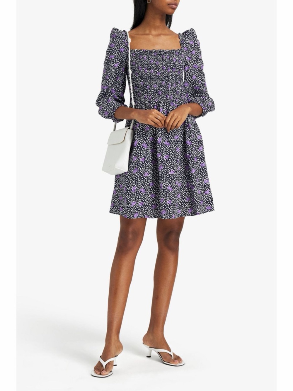 Maje Rappa Floral Smocked Mini Dress FR 36 (US Small) Purple Puff Sleeve